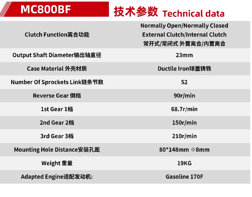 Product specifications — Tiller gearboxes · MC800BF