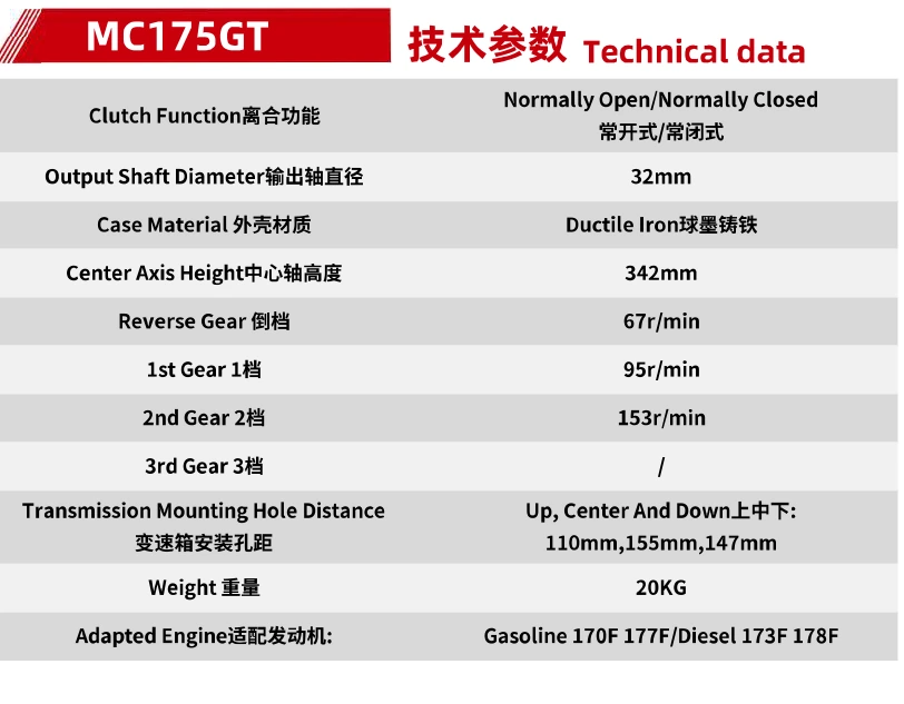Product specifications — Tiller gearboxes · MC175GT