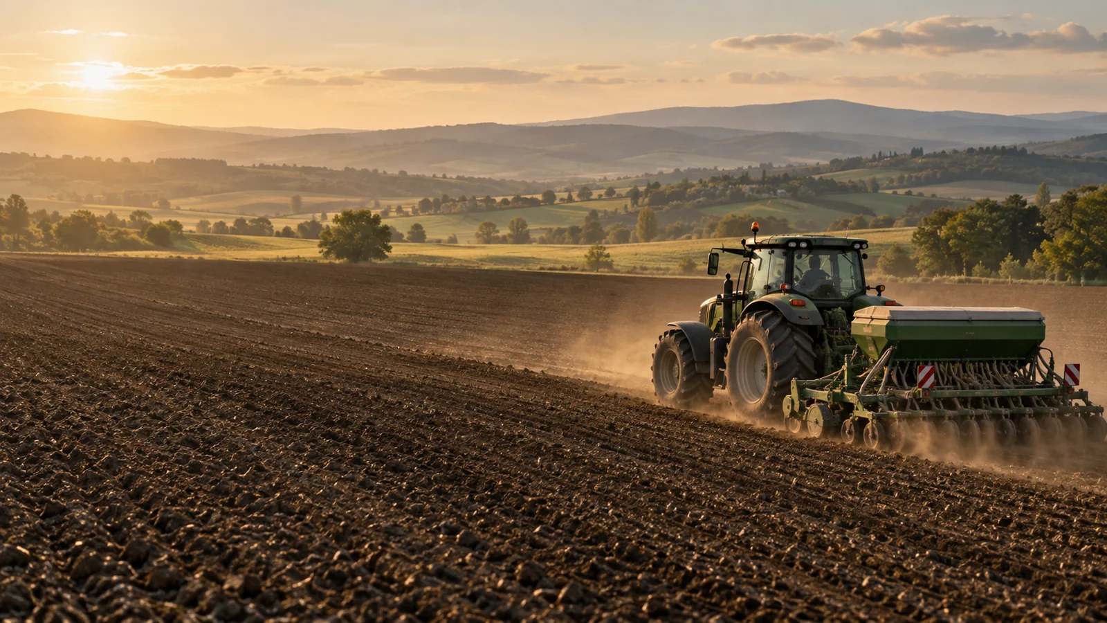 Tractor and agricultural equipment working in a field at sunset